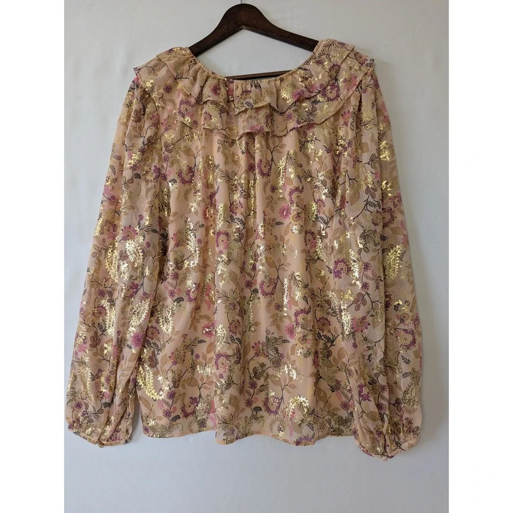 LOFT Womens Floral Ruffle Neck Long Sleeve Blouse Gold Pink Metallic Size XLNew - Picture 3 of 8